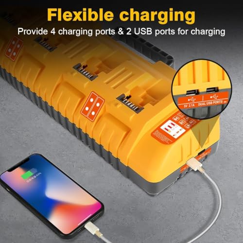 DCB104 20V MAX Battery Charger Replacement for Battery Charger, 4 Port Multi Charger Station with 2 USB Ports, Compatible with Dewalt 12V-20V Batteries - color: Lemon-yellow
