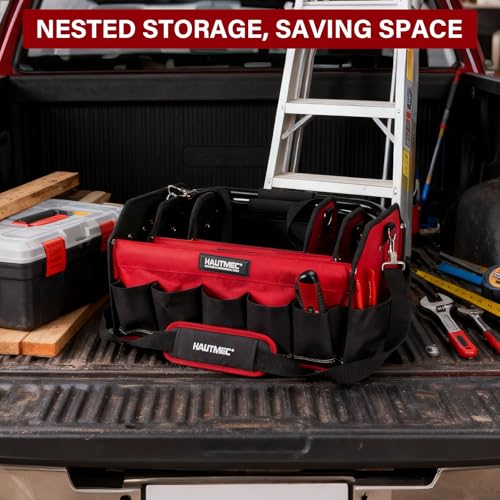 HAUTMEC 3PCS Heavy-Duty Tool Tote Bag Set, 1680D Large Tool Bags with Rigid Frame, Foldable Handle & Padded Shoulder Strap, Water-Resistant Hard Base, Multi-Pocket Tool Box Organizer – HTTBH25052 - style: Tool Tote | 3-Piece