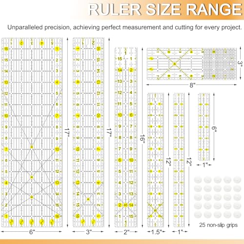 Quilting Ruler, Sewing Ruler, 8 Pack, Acrylic Quilting Templates(6"x17", 3"x17", 2"x16", 1.5"x12", 1"x12", 1"x6", 8"x3"), Non Slip Rings 25 Pieces, Sewing and Quilting Supplies - Clear/Yellow - color: yellow
