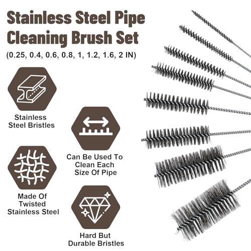 8 Pcs 11.8 Inch Pipe Cleaning Brush Set with Stainless Steel Bristles, Variety Pack Tube Bottle Brush for Auto Parts, Guns, Tubes, Cylinders