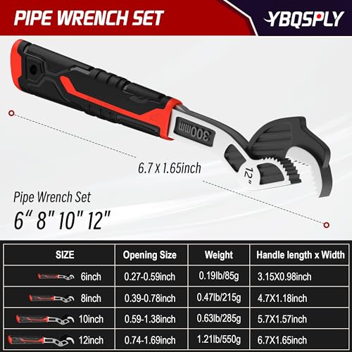 Pipe Wrench Set, 6” 8” 10” 12” Self Adjusting Wrench 4-Piece Plumbing Tools for 0.27“-1.7”/7-43mm Standard Nuts, Irregular Nuts, Pipes Use