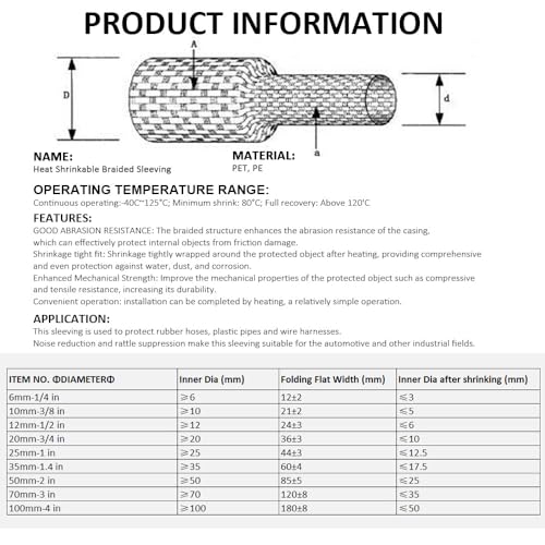 10 FT 2 inch 2:1 Heat Shrinkable Braided Sleeving Heat Shrink Sleeve Abrasion Protection Flexibility Wiring Harness Cable Sheath - size: 50mm-2"