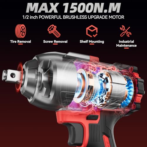 1/2" Cordless Impact Wrench 1107Ft-lbs(1500N.m) with 21V 2 Battery - color: Large