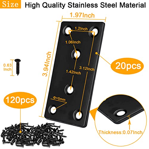 20Pack 4x2 Inch Black Flat Mending Plates Flat Bracket, Stainless Steel Mending Joining Plates Repair Fixing Bracket for Wood Furniture Fence - size: 100MM-Black