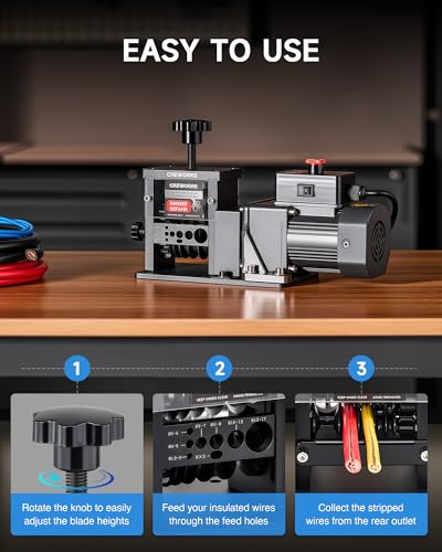 CREWORKS Automatic Wire Stripper Machine, 8 Channel Electric Wire Stripping Machine for 0.06 to 0.67 in. Copper Wires, Electric Cable Stripper Machine with 5 Blades and All-Copper Motor for Recycling