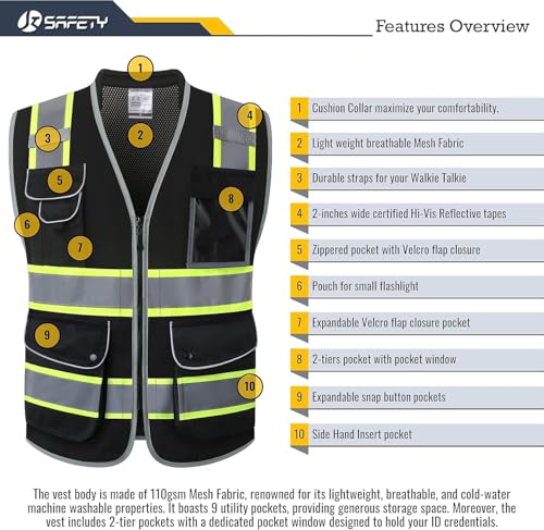 JKSafety Hi Vis Safety Vest for Men Women Cushioned Collar JK101 Black S - color: Jk101-black, size: Small