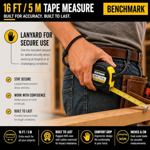 Benchmark - 4 Pack of 16ft Tape Measures - Retractable, Auto Lock, Metric and Imperial (feet and Centimeters), Tough Outer Shell Protection