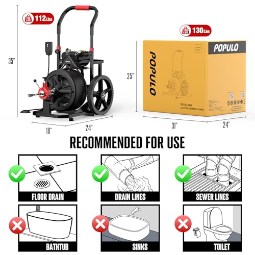 100 ft x 1/2 inch POPULO Auto Feed Electric Drain Snake Auger for 2 to 4 Inch Pipes, Sewer Plumbing Snake Auger, Heavy Duty Drain Cleaner Machine with 8 Cutters & 1 Root Killer & Gloves - style: 100ft x 1/2inch