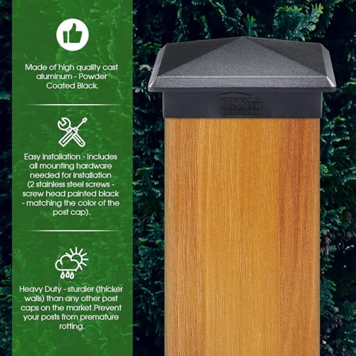3.5x5.5 Aluminum Pyramid Post Cap for 3.5x5.5 Rectangular Wood Posts — Heavy-Duty Cast, Rounded Safety Corners, Stainless Screws, Powder-Coated Black Deck & Fence Cap - size: 3.5" x 5.5"
