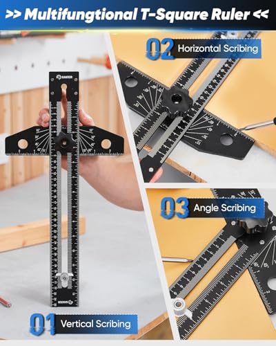 Saker Aluminum Alloy Multi-Angle Marking Ruler,Adjustable Sliding T-Square with Scriber & Protractor,Precision Layout Tool for Woodworking, Carpentry & Design (Black) - color: Black