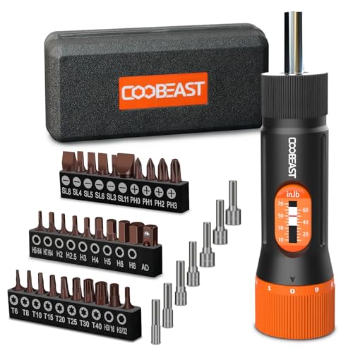coobeast 38Pcs Preset 1/4” Drive Torque Screwdriver with S2 Bits | Torque Wrench Screwdriver Set,for Maintenance,Tools,Bike Repairing,Mounting,Inch Pound Torque Range 10-70 In-lb - size: 38PCS