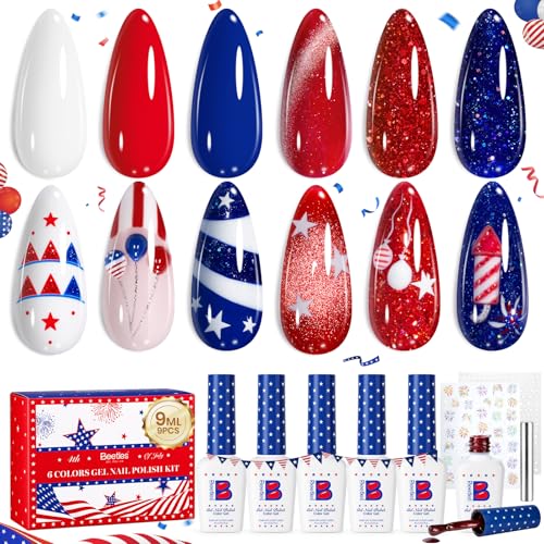 Beetles 4th of July Gel Nail Polish Set, 6 Color Red White Blue - color: A-Red White Blue | Song of freedom