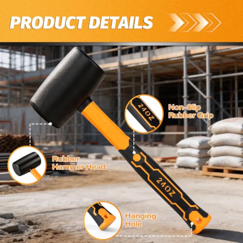 24 OZ Rubber Mallet Hammer, GIFT GLOVES. | Solid Head & Non-Slip Ergonomic Grip Handle, Soft Face Hammer For Woodworking, Flooring, Tiling, Camping and More - style: 24 OZ Rubber Mallet Hammer
