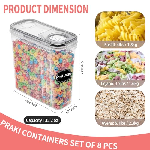 PRAKI Cereal Containers Storage Set (4L,135.2 Oz), 8PCS Airtight Food Storage Containers with Lids for Kitchen & Pantry Organizers and Storage, Cereal Dispensers with 20 labels, Measuring Cup & Marker
