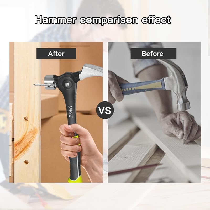 SEESE Adjustable Nail Puller Hammer: Magnetic Nail Starter, Anti-Slip Shock-Absorbing Handle - Claw Hammer for DIYers in Workshop, Construction & Remodeling