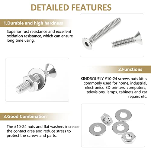 152 Pieces #10-24 x 5/16", 3/8", 1/2", 5/8", 3/4", 1", 1-1/4", 1-1/2", Countersunk Head Socket Cap Screws Nuts Washers Assortment Kit, 304 Stainless Steel, Fully Machine Thread - size: #10-24, style: Countersunk Head