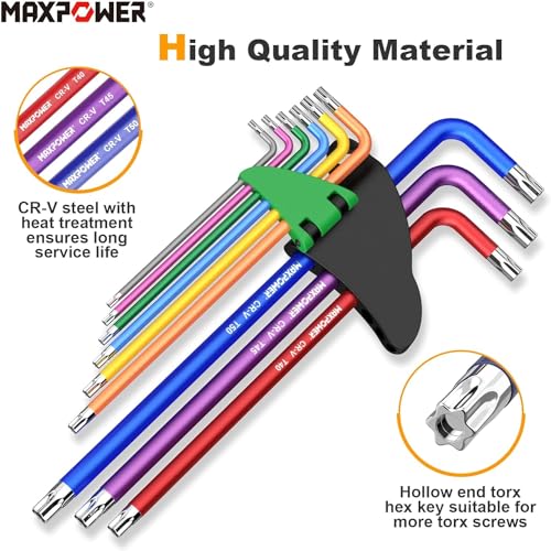 MAXPOWER Allen Wrenches Set, 18-piece Metric Ball End Hex Key Set & Torx Star Allen Keys, Long Arm Wrench with Extra T-Handle for Home Maintenance and DIY