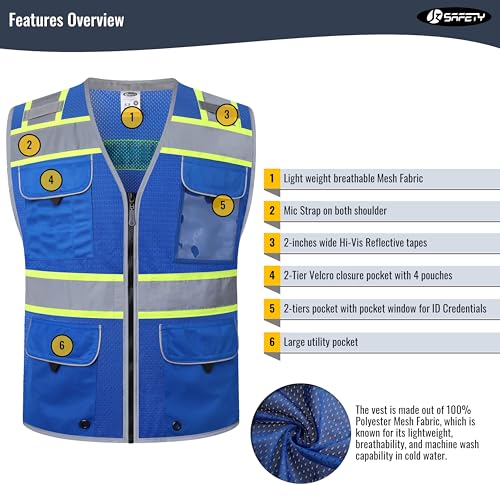 JKSafety Hi-Vis Unisex Surveyor Safety Vest Heavy Duty PPE Inner Pockets ANSI/ISEA Compliant - color: Jk189-blue, size: Medium