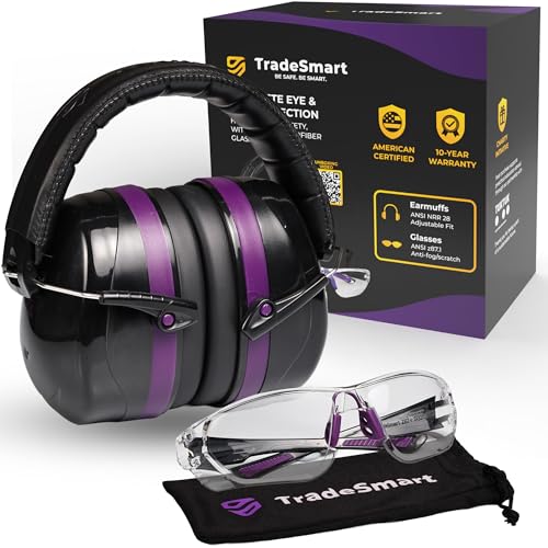 TradeSmart Shooting Ear Protection for Gun Range, NRR 28 Earmuffs & Eyewear - color: Clear Glasses - Purple
