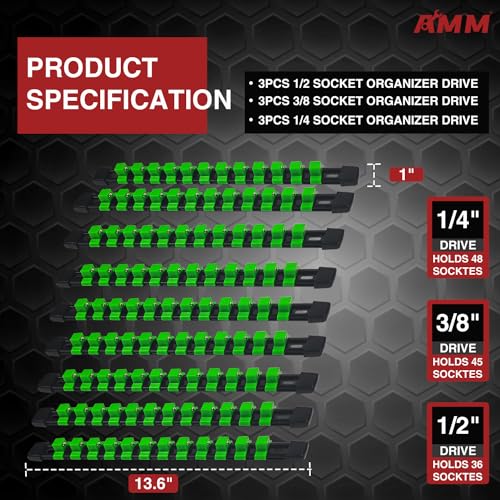 AMM 9-Piece Socket Organizer, 1/2 inch, 3/8 inch and 1/4 inch Drive ABS Tools-Green Socket Holder,Heavy Duty Socket Racks, Premium Quality Socket Clip Rail Holder,The Best Tool Trays in The Garage - color: Green, size: 9PC