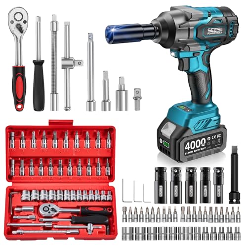 Seesii Impact Wrench 1000N.m(738 Ft-Lbs) & 46PCS 1/4″ Drive Socket Set Tool - color: 738 Ft-lbs / 2x4.0ah Battery & Socket Wrench Set
