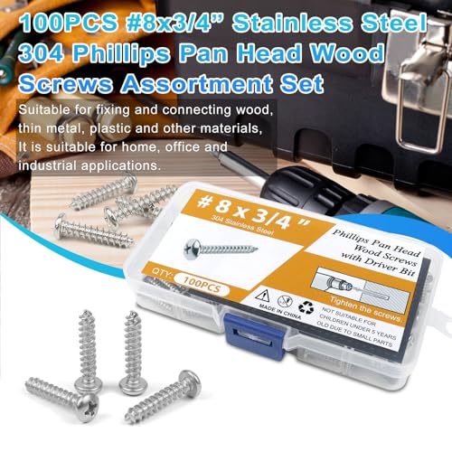 100PCS #8 x 3/4" Wood Screws, Pan Head Stainless Steel Sheet Metal Screws, Fast Self Tapping Screws for Deck Drywall Concrete Screws with Screwdriver Bit - style: Silver #8X3/4" Pan Head 100PCS
