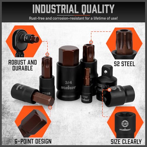 HORUSDY 66-Piece Allen Socket Set, Torx Bit & Female External Star Sockets | Durable S2 Steel SAE & Metric Kit for Automotive, Motorcycle & Home Repair | T8-T70, E4-E24 with 4 Impact Adapters - color: 66 Pcs Orange
