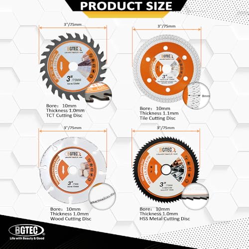 BGTEC Circular Saw Blade - 4PCS 3" Cutting Disc Arbor 3/8" for Wood Plastic Tile Metal Steel - style: TCT+Wood Metal+Tile