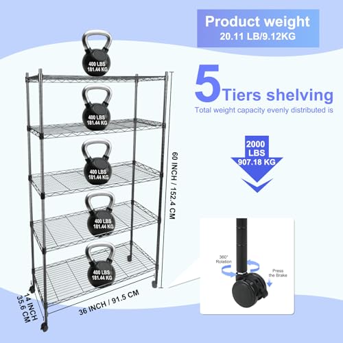 Whitmor 5 Tier Shelving Unit,Metal Storage Shelves, Heavy Duty with 4 Wheels & Adjustable Feet, 400 lbs Capacity per Shelf, Max 2000 lbs Total for Home, Garage, Workshop, 36" L x 14" W x 60" H, Black