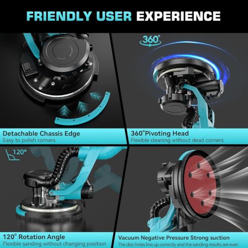 Drywall Sander with Vacuum Dust Collector, 1000W Popcorn Ceiling Removal Tool, Electric Drywall Sander with Digital Display Screen 9 Variable Speed 800-2100RPM, Foldable & Extendable Handle