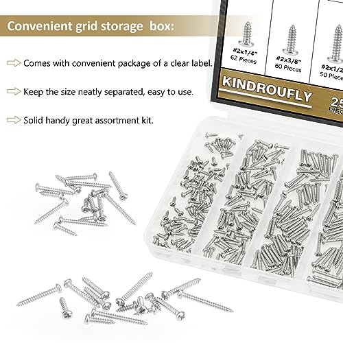 252 Pieces #2 x 1/4" 3/8" 1/2" 5/8" 3/4" Phillips Pan Head Self-Tapping Screws, Wood Screws Assortment Kit, 304 Stainless Steel - size: #2