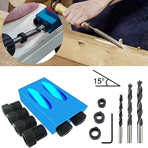 14PCS Pocket Hole Jig Drill Kit,15 Degree Dowel Drill Joinery Kit,Including 6/8/10mm Drill Bits,Drill,Stoppers,Sleeves,Hex Key, Woodwork Guides Joint Angle Tool