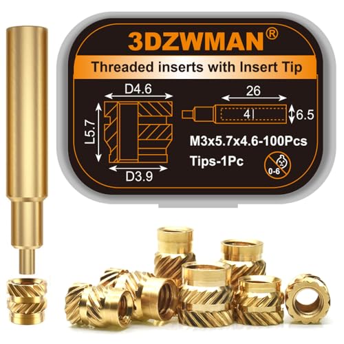 M3 Press in Threaded Inserts for plastic-100Pcs M3x5.7x4.6 with Heat Set Insert Tools-Brass Metric Knurled Nuts for 3D Printing Components and Plastic Parts - size: M3xL5.7xD4.6-100Pcs