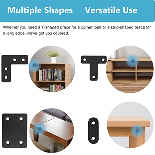 QSJ 22 Pack Straight Brace Stainless Steel Black Flat Brace Straight Corner Braces Straight Brackets Metal Flat Straight Mending Plates with Screws - size: 22Pcs Bracket Set (Flat T/L/Square/Strip)