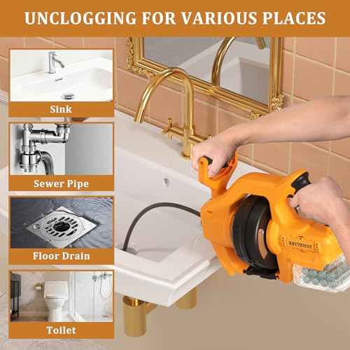 Cordless Drain Auger Compatible with Dewalt 20V Battery, 24 FT Replaceable Auto-Feed Plumbing Drain Snake That Clear Clogs in 3/4''-3” Pipes of Sink, Toilet, Bathtub, and Sewer(No Battery)