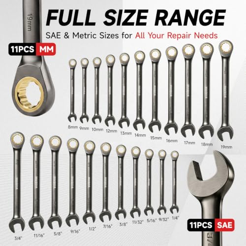 22-Piece Ratcheting Wrench Set, Metric 8-19mm & SAE 1/4-3/4" - size: Regular