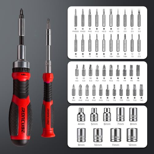 IRONCUBE Multi Ratcheting Screwdriver Set: 56 IN 1 Magnetic Bits & Sockets with Case for Emergency Use At Home - color: Red