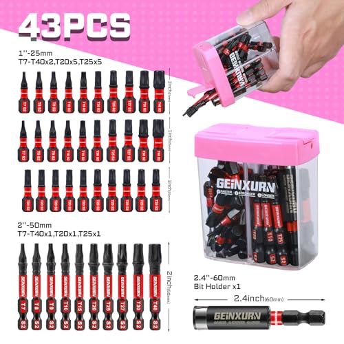 Geinxurn Impact Torx Screwdriver Bits Set,43 Pcs(T7-T40) Magnetic 1"& 2" Long S2 Steel Torx Driver Bits with Magnetic Bit Holder Storage Colorful Box - color: T7-t40, size: 1"2"-43PCS