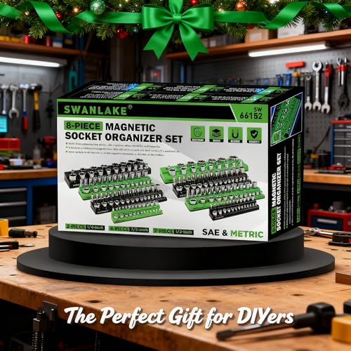 Magnetic Socket Organizer Holder Tool: 8PCS Set includes 2PCS 1/4", 4PCS 3/8", 2PCS 1/2" Drive Socket Storage Trays Toolboxs, Holding 199 Slots Soft Rubber Covering Black Green (sockets not included) - style: 8PCS Green/Black