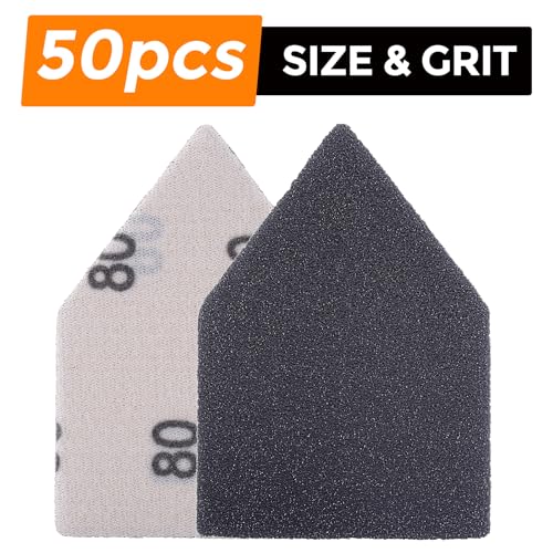 POLIWELL Silicon Carbide Sandpaper 50PCS 90mm x 65mm Triangle Sanding Sheets Hook & Loop 80 Grit Replace Milwaukee M12 Orbital Detail Sander for Wood Finishing, Detail Sanding - size: 80 Grit