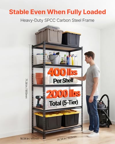 VEVOR Storage Shelves, 5-Tier Adjustable, 2000 lbs Capacity, Heavy Duty Garage Storage Shelving Unit, Metal Utility Rack Shelf, for Garage Warehouse Basement Kitchen, 36.34" W x 16.34" D x 71.38" H - size: 16.34" D x 36.34" W x 71.38" H
