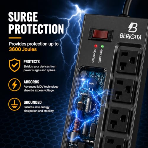 Heavy Duty Metal Power Strip, 20 AMP Surge Protector with 9 Outlets, 12 Gauge Industrial Strength for Shop & Garage Use, 6 FT Extension Cord Included, Durable T-Slot Design (6FT)