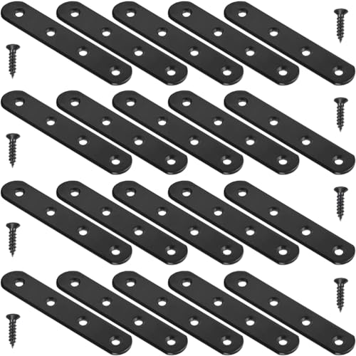 20Pcs Black Straight Brackets Heavy Duty Stainless Steel 4 Inch Straight Brace Flat Mending Plates, Repair Fixing Joining Brackets for Wood Furniture with Screws, CAM-S10020B-20