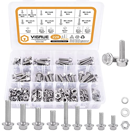 VIGURE 228PCS M6 M8 Metric Bolt Assortment Kit, M6 x 12/16/20/25/30mm Stainless Steel Flanged Hex Bolts and M8 x 16/20/25/30mm Flange Metric Bolts and Nuts Kit - size: 228PCS M6 M8 Metric Bolts