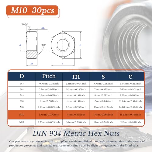 M10 x 1.5mm Hex Nuts (30pcs) 304 Stainless Steel Hex Hardware Nuts Reusable Standard Metric Coarse Thread Nuts for DIY Home Automotive Industrial - size: M10-30PCS