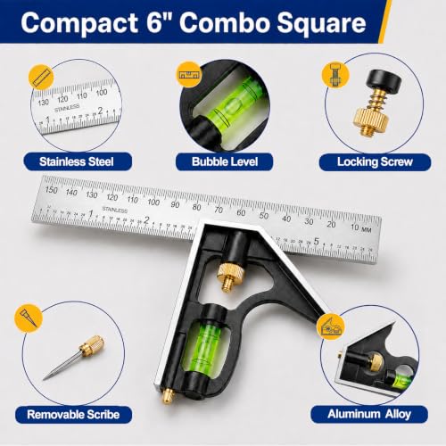 Combination Square 6 Inch, Adjustable Combo Square with Bubble Level - size: 6-Inch