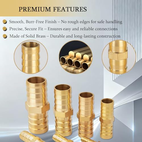 30PCS Brass Hose Barb Fittings, Barb Fitting Metals Splicer Mender, Barbs Splicer Mender Hose Fittings with 60Pcs Stainless Steel Pipe Hose Clamps for Air/Fuel/Water/Oil Hose