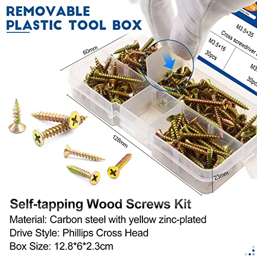 NINDEJIN 151 pcs M3.5 Flat Head Self-Tapping Screws with Yellow Zinc Plated | Carbon Steel, Features A Full-thread Design, Easy to Screw into the Wood, Anchor,for Metal Sheets, Fiberboard, Wooden Boards