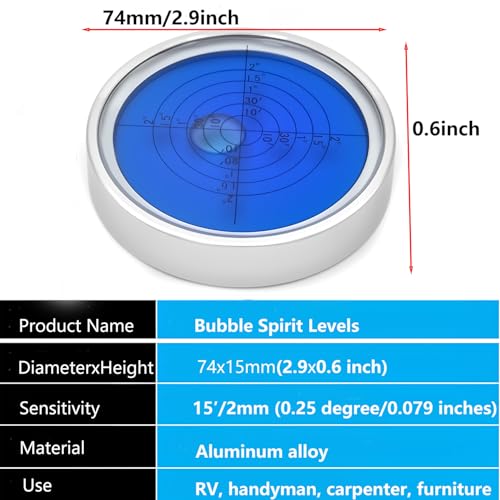 Aluminium Precision Horizontal Leveler Level Tool,Alloy Case Large Round Bullseye Leveling Tool Pocket Spirit Level for RV leveling Engineers Machinist, Ø74mm,Accuracy 15'/2 - size: 74mm