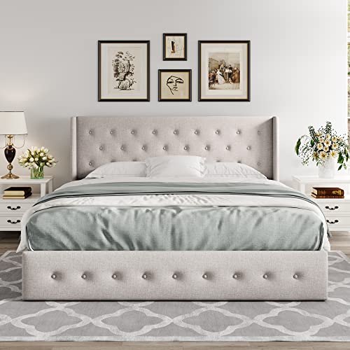 Allewie Queen Size Lift Up Storage Button-Tufted Bed Frame Light Beige - color: Beige, size: Queen, style: Traditional